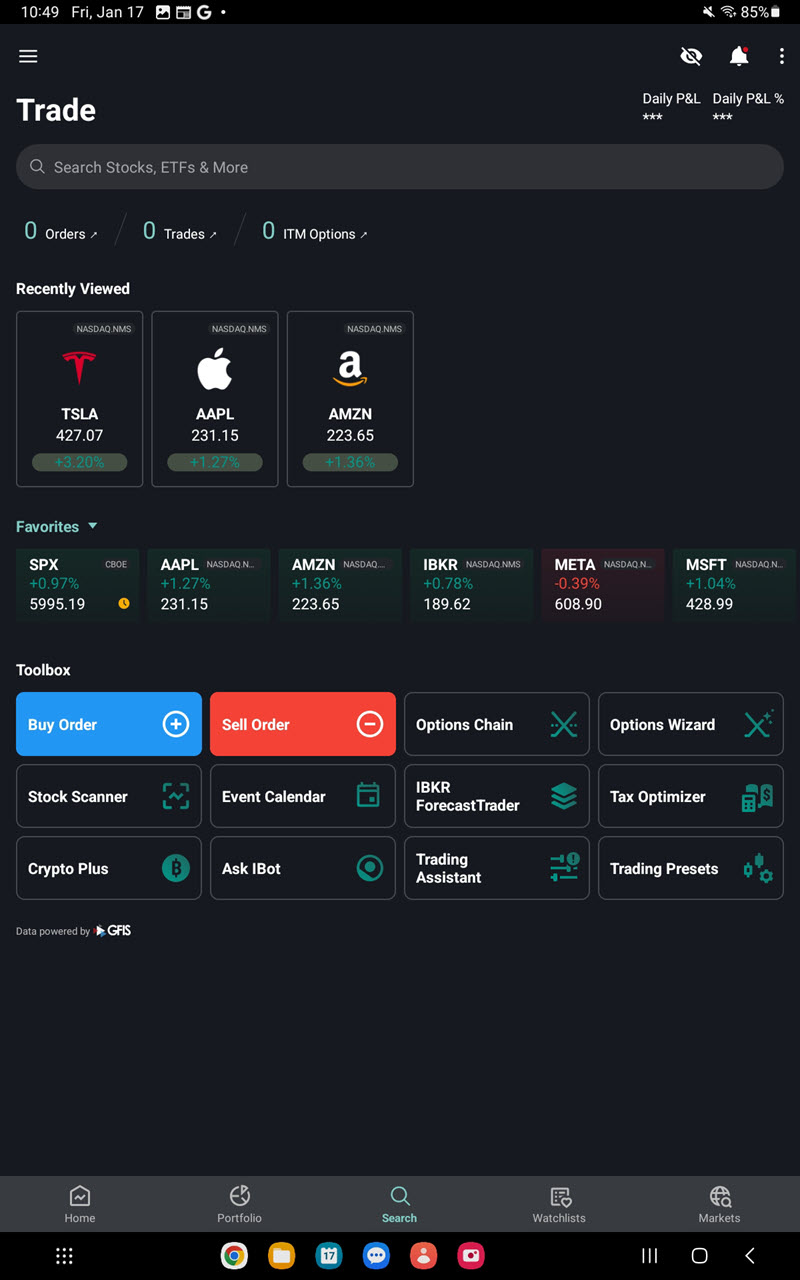 The trade menu on the Android Tablet. 